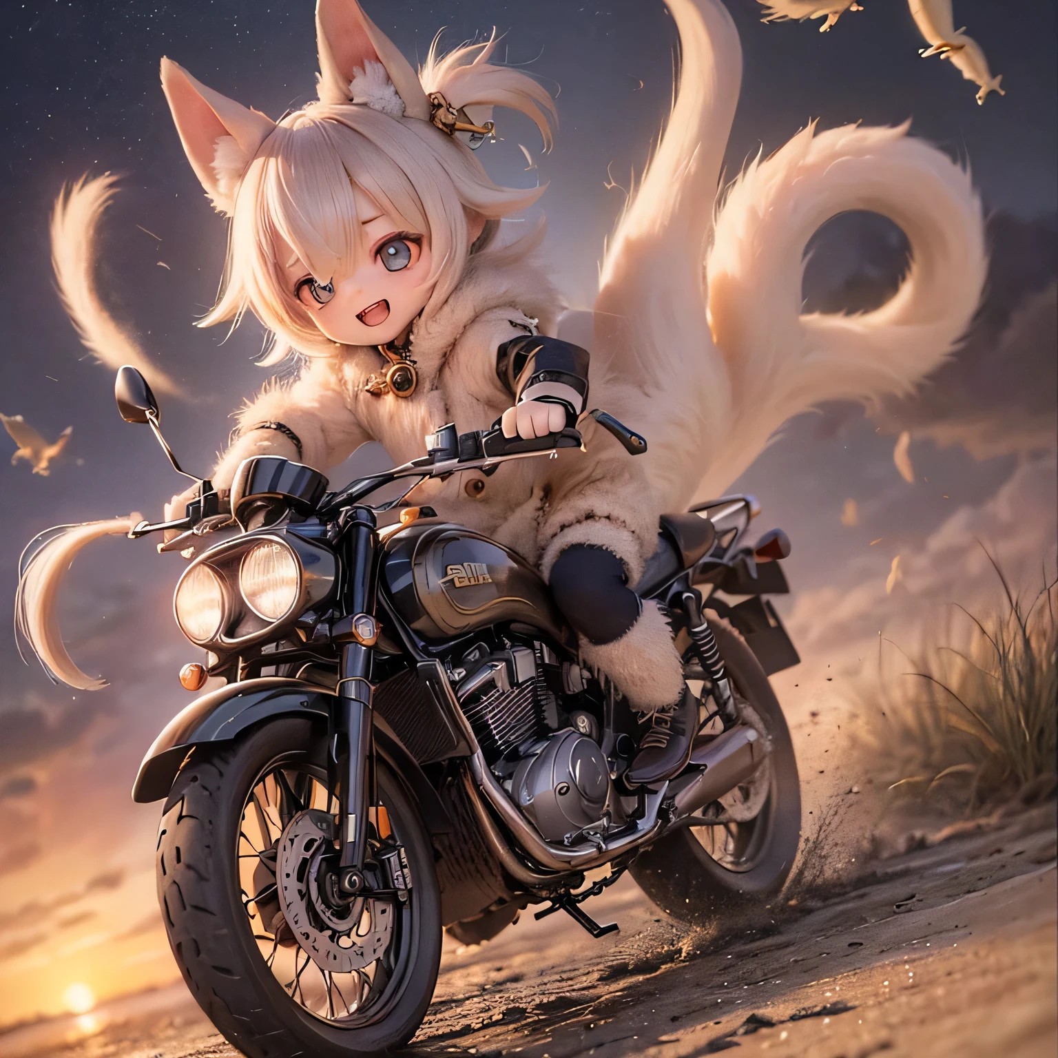 (Highest quality,High resolution:1.2),Shiba Inu Girl,Adorable chibi style,Vibrant colors,Fantasy Landscape,Riding on motorcycle,Magical Environment,Twinkle Star,The wind that makes your hair flutter,Expressions of joy,Amazing adventure,A playful atmosphere,Beautiful sunset,Amazing sensations ,Sharp details,Traditional ink painting style,Soft and gentle lighting,Whimsical charm,Nostalgic atmosphere,Expressive eyes and fur,What a lovely outfit!!!!!!,Fast movement,Inspirational urban backgrounds,Playful interactions,Winding Road,Smiles and laughter,Childlike wonder,Burning with excitement,Artistic brush strokes and textures,Fluffy tail,Quick and agile movements,The dimension of imagination,True friendship and camaraderie,Unique and dynamic poses,Shining Light,Exhilarating ride.