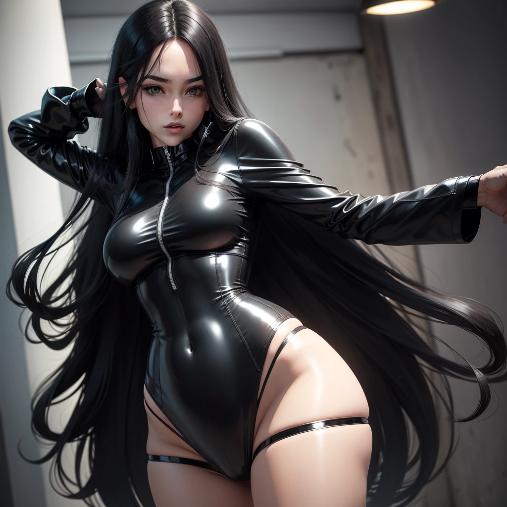 (best qualityer,4K,8K,high resolution,work of art:1.2),ultra detali,(realisitic,photorealisitic,photo-realisitic:1.37),long black hair,skin fair,blue colored eyes,curved, in black panties, latex clothing, black long cape, black vinyl, black vinyl panties, open arms, wide open arms, black vinyl panties, shiny vinyl clothing, shiny vinyl panties, long hair, long black hair, black hair, long blcka hair, long black hairs, Only in panties, vinyl panties, shiny black latex panties