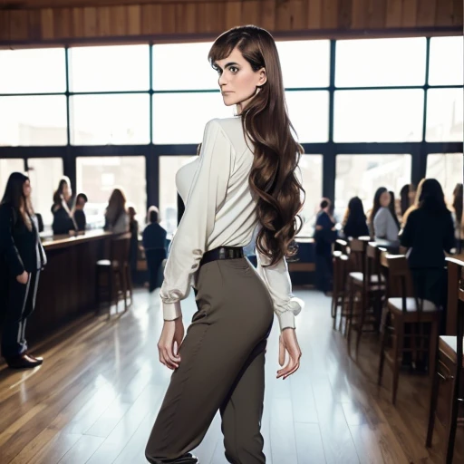 (24mm wide angle lens:1.5), (full shot:1.5), (eye level view:1.25), (side view). candid smile, casual laugh, soft lighting, backlit, younger, extremely tall age (Sandra Bullock:Natalie Portman:0.5), leaning against bar, aged 18, cute, joy, looking away, sfw, (very tall teen:1.5), (taller than other people:1.5), (6foot7 tall:1.5), (very long torso:1.5), (very long neck:1.5), (skinny), (arafed), (slim), coffee shop, trendy, latte, many customers, busy, barista, crowd of diverse people, many different people, hidden symmetric breasts, (tucked-in thick plain loose flowing light-colored long-sleeve turtleneck shirt), (plain very long flowing loose baggy tan cotton slacks), belt, pants, dressy platform shoes, stockings, detailed beautiful bright symmetric eyes, dark auburn hair, (big huge enormous massive colossal gigantic sagging breasts:1.25), (topheavy:1.25), (big flowing extremely long wavy hair:1.4), bangs