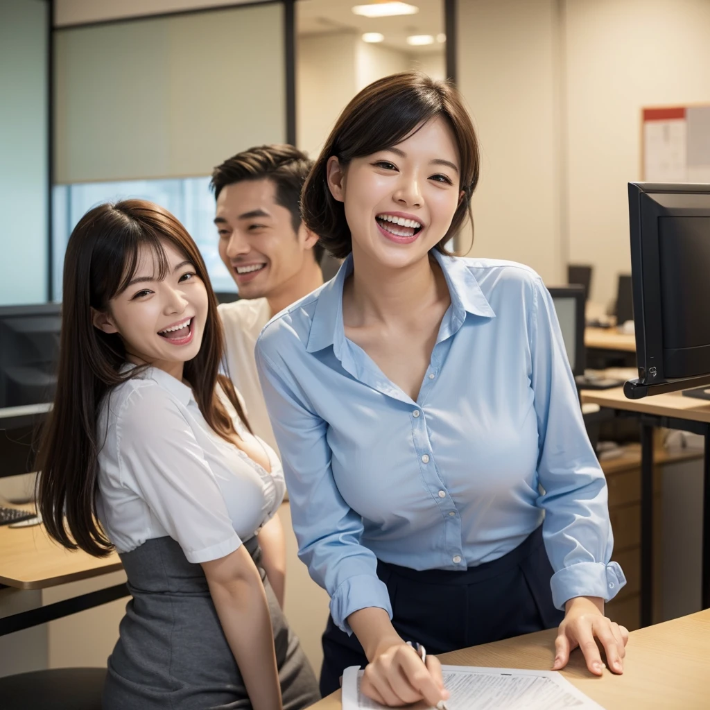 Laughing Japanese office lady、office、masterpiece, Highest quality, Photorealistic、Laughing with your mouth open、Smiling at the camera