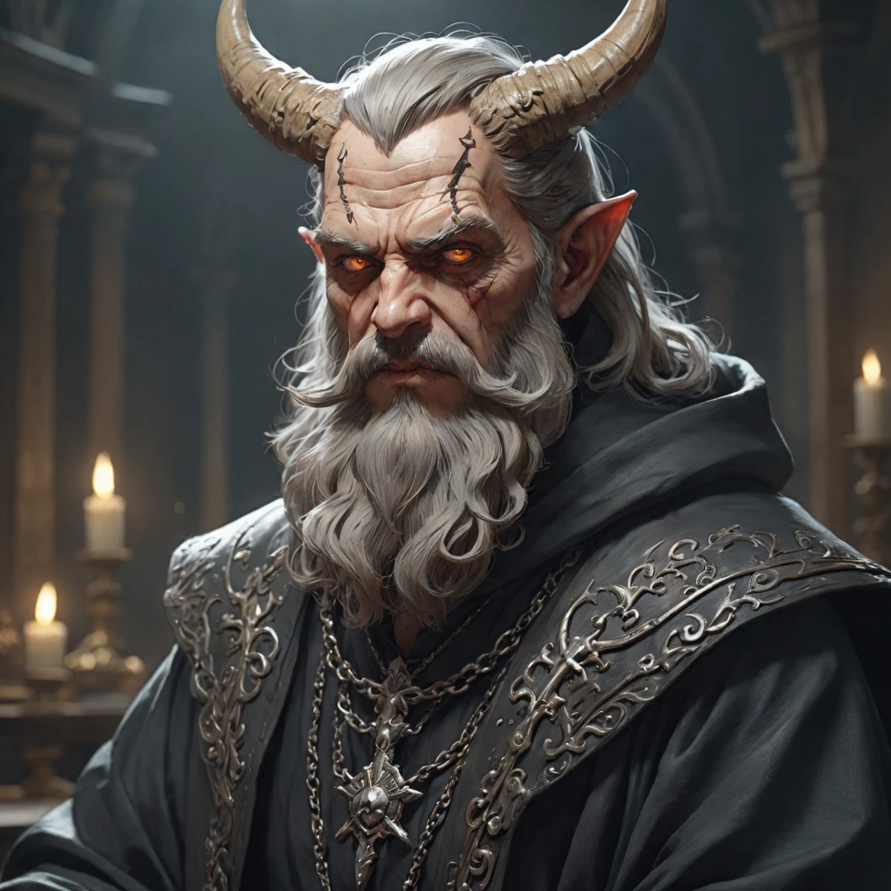 Priest catholique dark face scretch satanique, transparent eyes rolled back, semi-long hair, beard, dress that covers hair, eat a bloody heart , looking to the left side, corne de bouc longue et enroulée, sketch noir et blanc