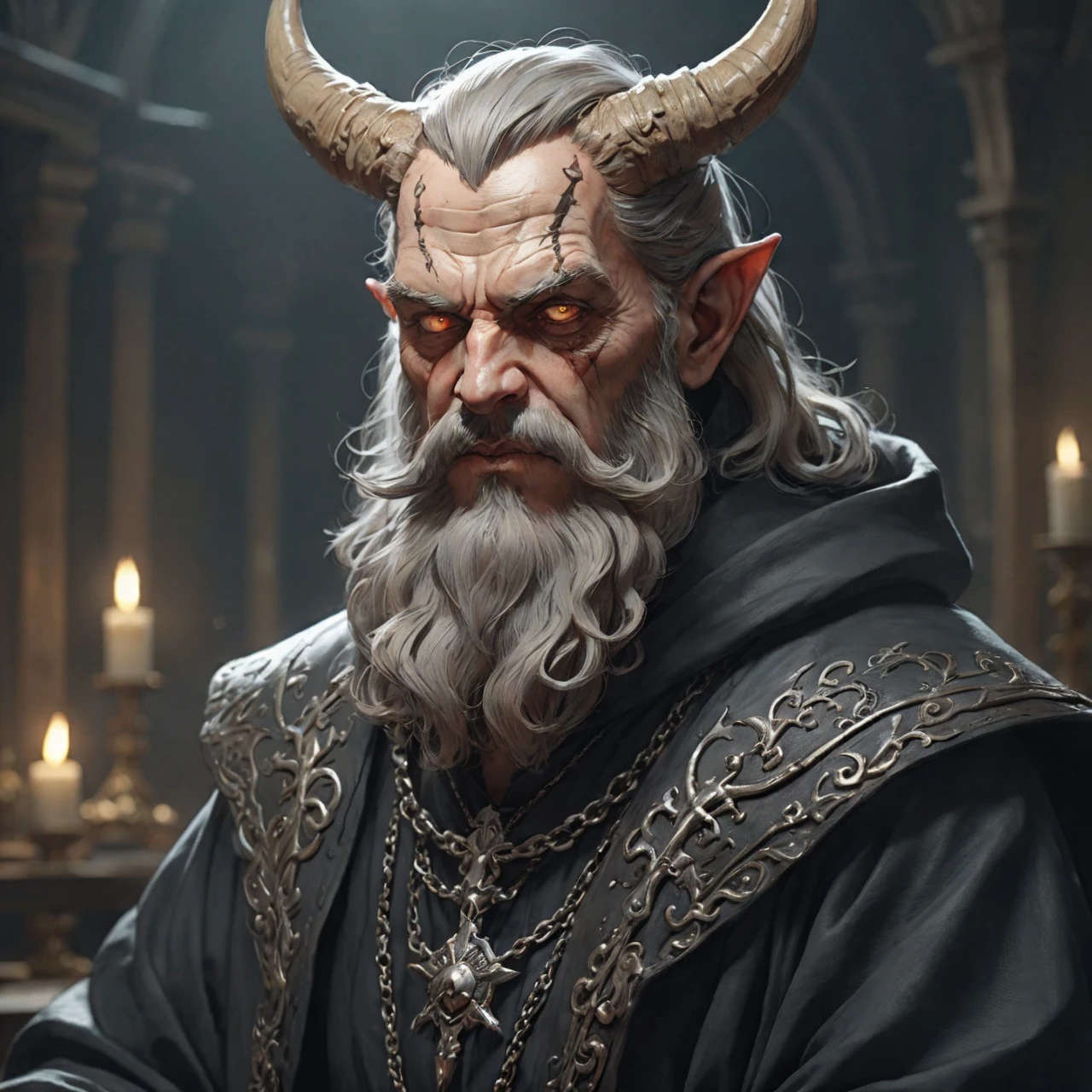 Priest catholique dark face scretch satanique, transparent eyes rolled back, semi-long hair, beard, dress that covers hair, eat a bloody heart , looking to the left side, corne de bouc longue et enroulée, sketch noir et blanc