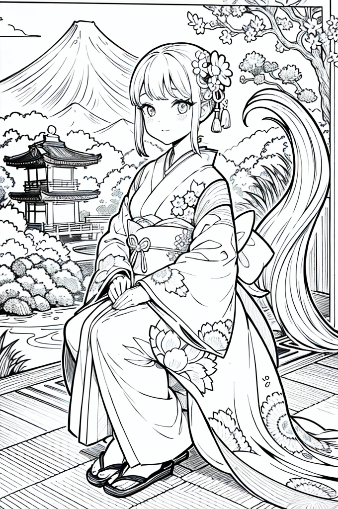Obra maestra, superlativo,solamente, Dragon cute , flower line drawing background, fondo blanco, monocromo, line drawing, ((bosquejo)), spooky, white eyes, Please create a simple monochrome coloring book that even a  can do, depicting a realistic and cute ukiyo-e illustration of a girl in a kimono, in various poses, with a Japanese garden in the background, that conveys Japanese culture.