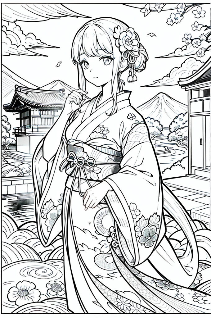 Obra maestra, superlativo,solamente, Dragon cute , flower line drawing background, fondo blanco, monocromo, line drawing, ((bosquejo)), spooky, white eyes, Please create a simple monochrome coloring book that even a  can do, depicting a realistic and cute ukiyo-e illustration of a girl in a kimono, in various poses, with a Japanese garden in the background, that conveys Japanese culture.