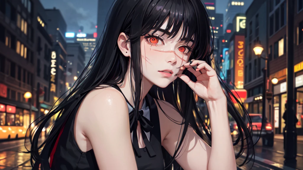 (masterpiece, top quality, best quality, official art, beautiful and aesthetic:1.2), (1girl:1.3), extreme detailed,colorful,highest detailed, detailed city background, rain, depth of field, 1girl, yoru \(chainsaw man\), 1girl, long hair, black hair, red eyes, scar on face, ringed eyes, (pinafore dress, black belt, black ribbon), on the street, night, sad, upper-body