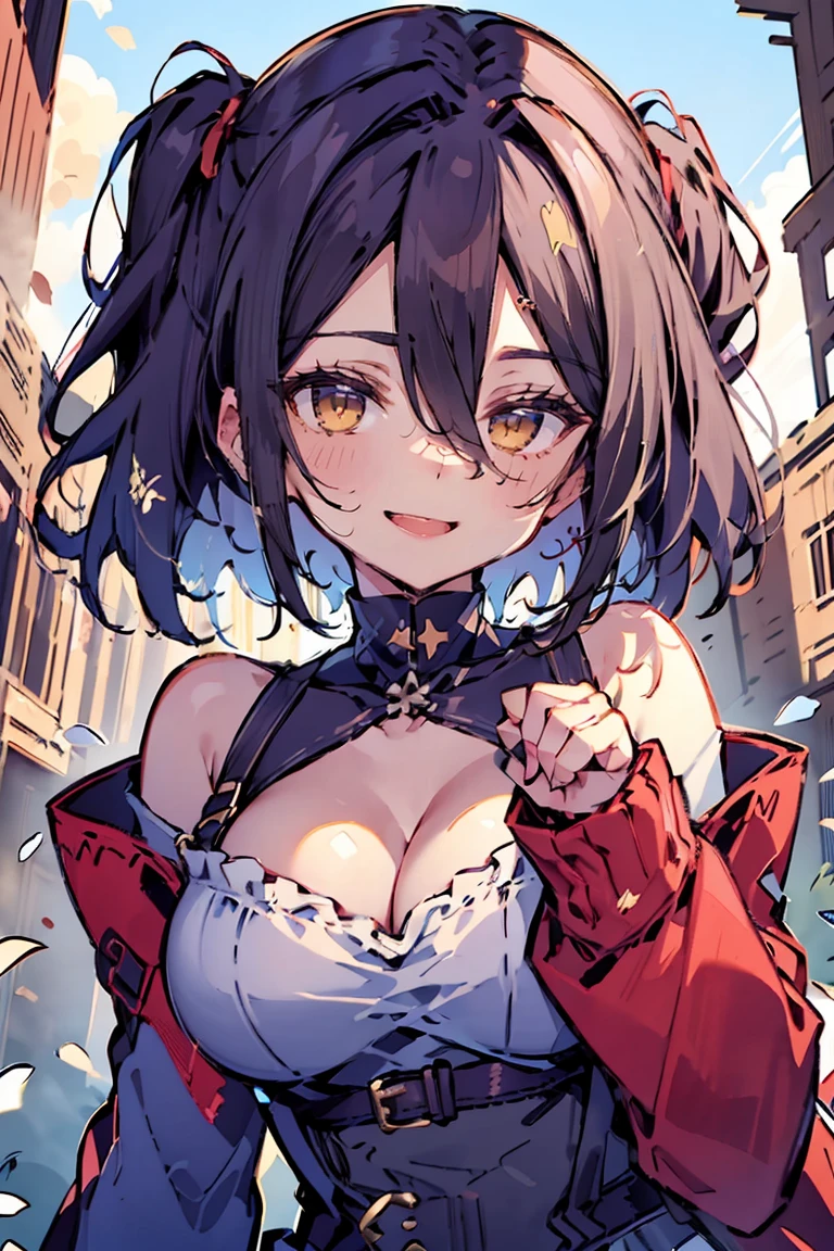 (masterpiece:1.2), (high quality:1.2), (hui xiyi:0.75), rekkyo sensen, rekkyou sensen, girls with((black hair, (tits cleavage:1.15), (breasts close up:1.15), (suspenders:1.2), (dress:0.65), (blue clothes:1.05), (belts:0.7), (frills shirt:1.2), (white knit sweater:1.2), (blue frills camisole:1.2), exposed breasts, straps, (cross clothes:1.15), (cross:1.05), upper body, (long wavy hair:1.2), (one side up:1.2), nun, long sleeves, (perfect hands:1.05), (five fingers:1.05))), background with((fantasy world, ruin, castle, beautiful sky, shining sky, sunshine))