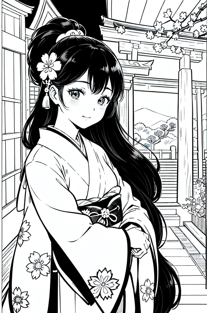As a coloring book, the color should be black and white, the border should be simple, clear, and bold. [Girl with long black hair] wearing a [kimono with cherry blossom pattern] visiting [Kiyomizu-dera temple] in Kyoto, Japan, with [sakura hair ornaments]