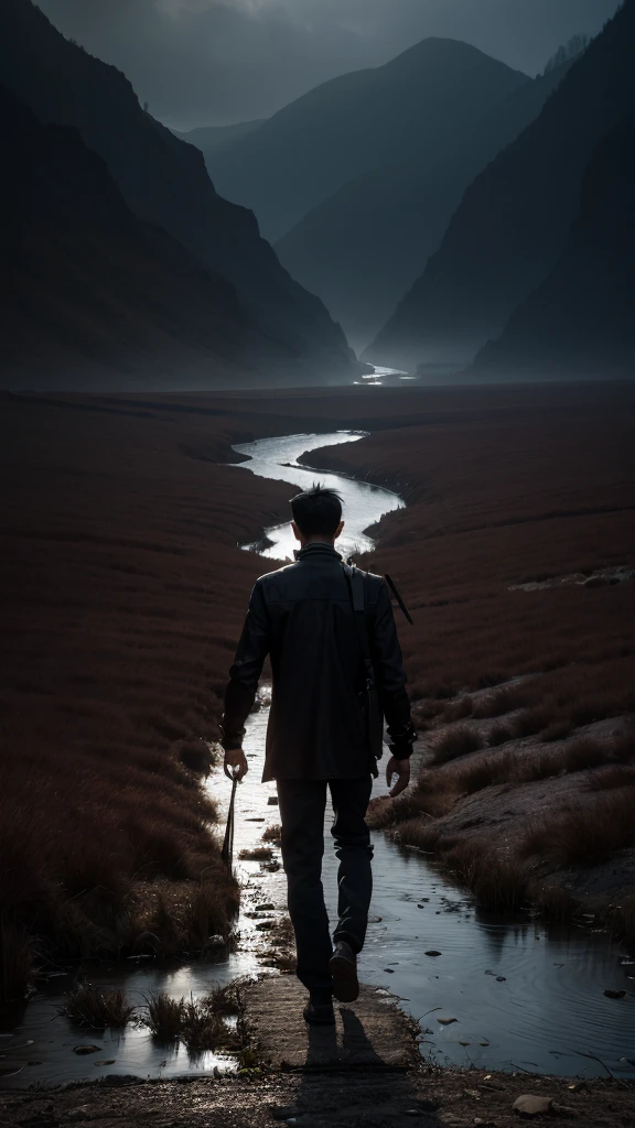 (best quality), (superior quality), (dark), (1man), despair, suicide, Death wandering in the valley of shadows.Raw,Award-winning,landscape