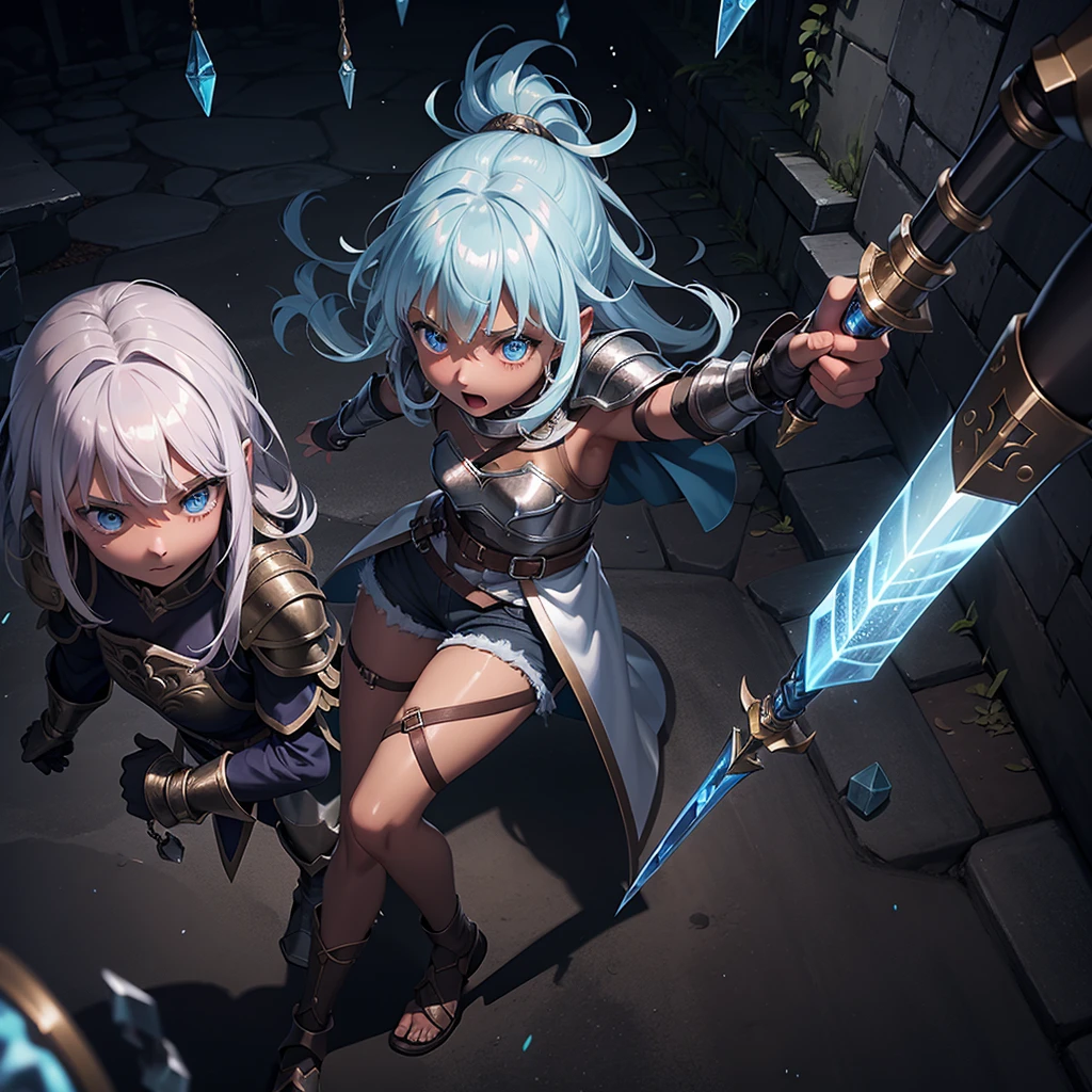 最high quality、high quality、Simple Cloth Armor、10Year-old girl adventurer、Dark underground labyrinth、Shorts、Equipped with a dagger and a shield、Clothes and armor are torn、Being attacked by a translucent, jelly-like substance
