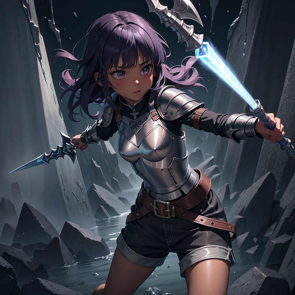 最high quality、high quality、Simple Cloth Armor、１０Year-old girl adventurer、Dark underground labyrinth、Shorts、Equipped with a dagger and a shield、Clothes and armor are torn、Being attacked by a translucent, jelly-like substance