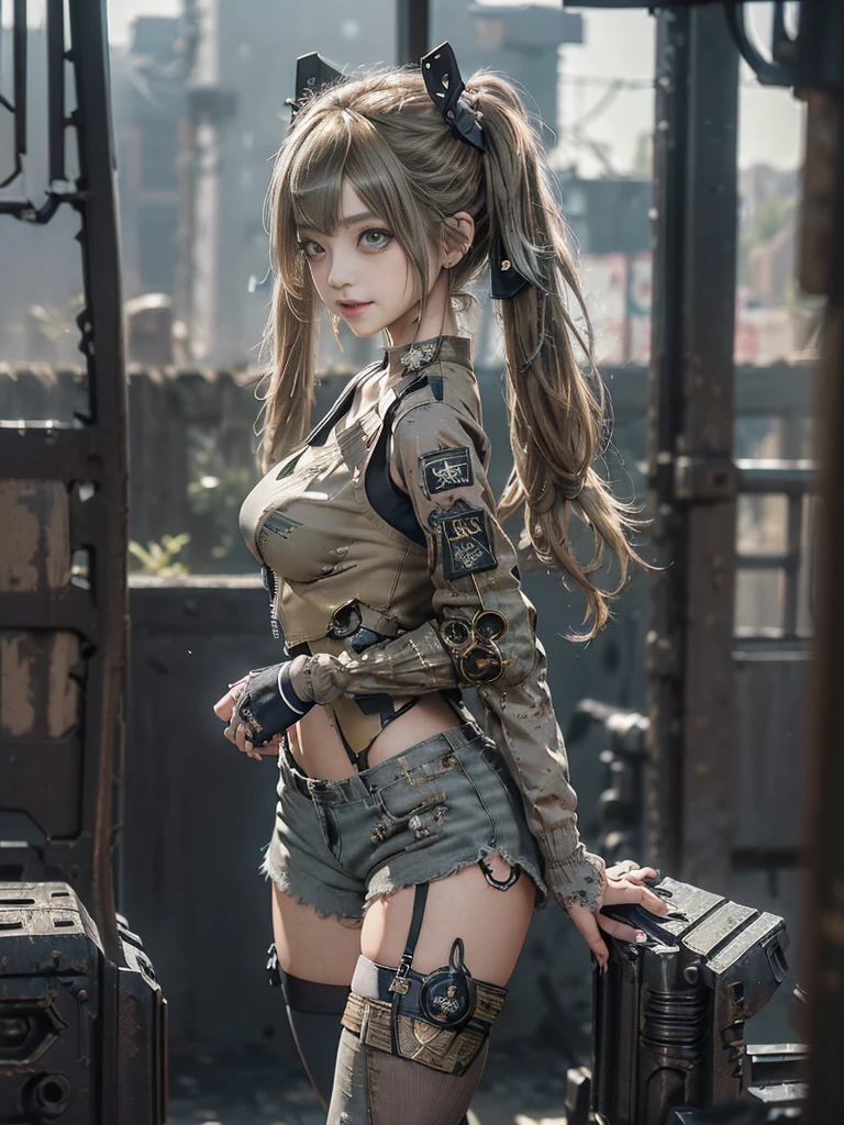 (Full Body View:1.5)、(Side view:1.1)、(Please smile with your teeth showing:1.3),(Shibuya Gal:1.5)、(Gothic Lolita style fashion:1.5)、(Tattered khaki and gray futuristic micro high leg bodysuit:1.5)、(Tattered Khakis and White Micro Fancy Sleeves:1.5)、(Tattered khaki micro shorts:1.5)、(Brown and khaki knee socks:1.3)、(camouflage:1.3)、(Military jacket:1.4)、Brown boots、Khaki gloves、internal、(The underwear is striped:1.4)、23 years old、(do a gravure pose:1.3)、((Highest quality、8K、masterpiece:1.3))、One girl、The beauty of slim abs:1.3、(Hairstyle Casual、Big Tits:1.1)、dress:1.1、Super small face、Narrow eyes、double eyelid、Laughter、Esbian all over、Dynamic Angle、Close-up、CPL Filter、Blurred Background、Bokeh、Blue Hour、Detailed face and skin texture、Detailed Eyes,(Twin tails:1.3)、(Brown-golden hair:1.4)、Gravure idol pose、(The background is the cockpit of the battlefield:1.3)、(The body is slim:1.2),(Slim legs:1.4),(clavicle:1.1)