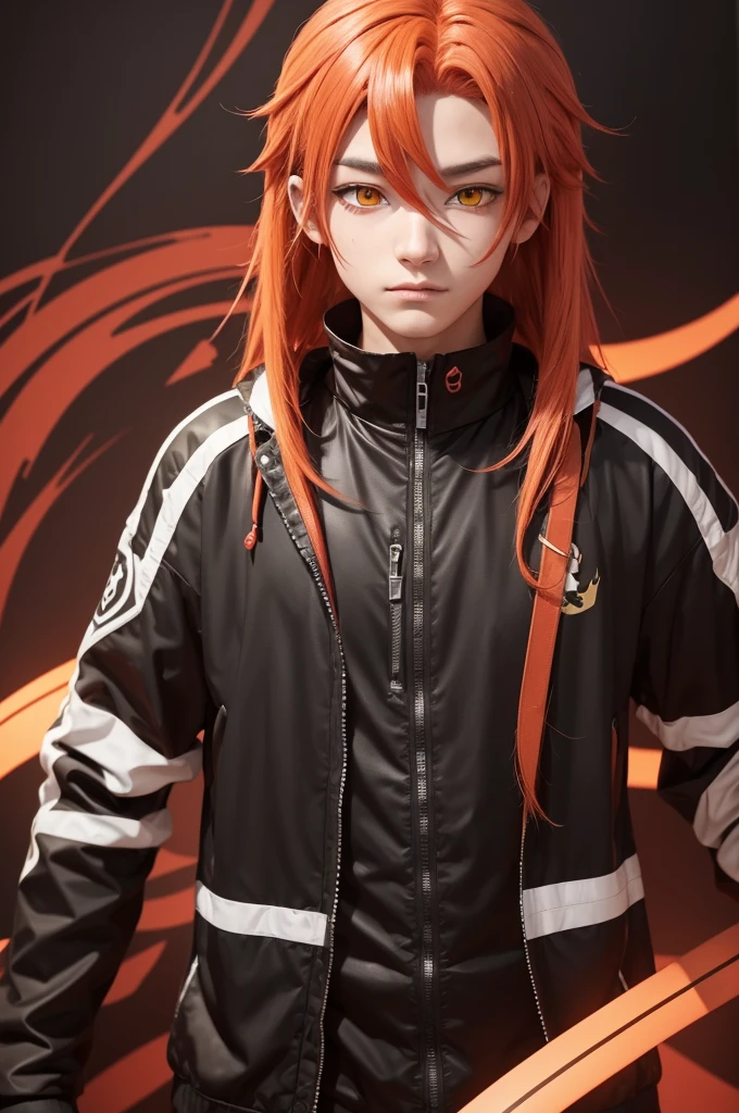 A half-snake teenager, he is a human with copper features. red and white hair, bright yellow eyes. With vtuber style