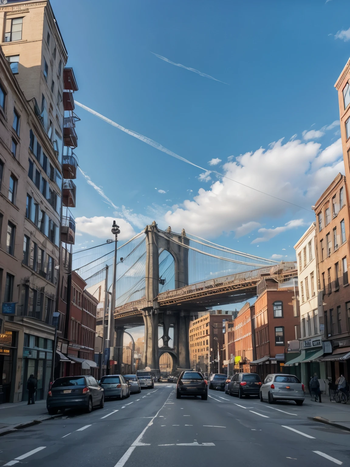 a city street with a bridge in the background, a picture, by Bernardino Mei, streets of new york, huge!!!, brooklyn, tall arches, frank gehry, busy city, uk, idyllic, postprocessed, us, a huge