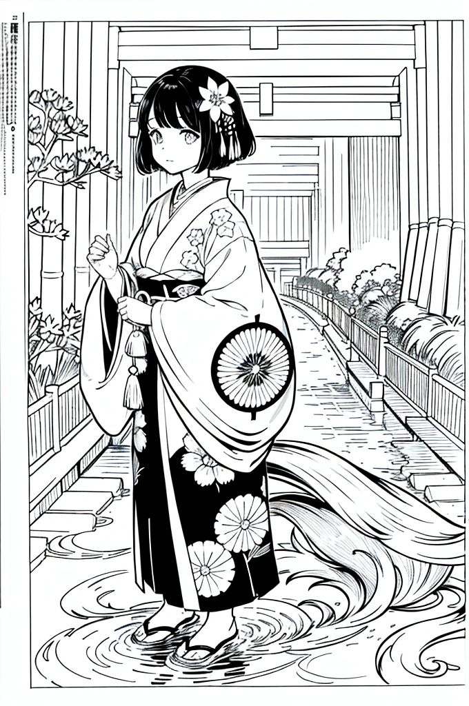 As a coloring book, the color should be black and white, the border should be simple, clear, and bold. [Girl with short brown hair] wearing a [kimono with koi fish pattern] strolling through the [Arashiyama Bamboo Forest] in Kyoto, Japan, with [kanzashi hair ornaments]