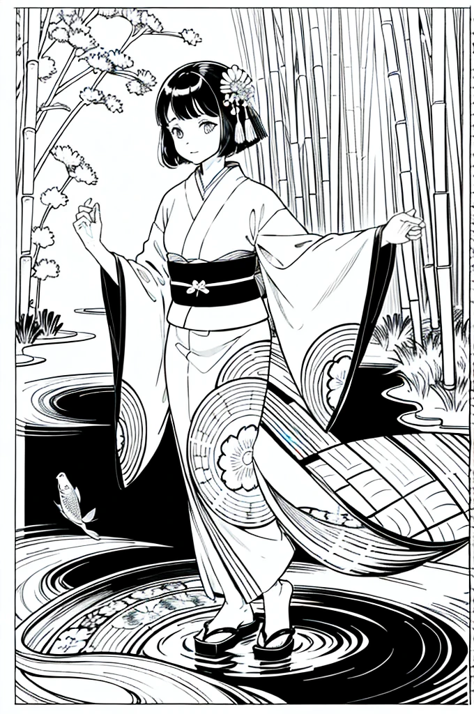 As a coloring book, the color should be black and white, the border should be simple, clear, and bold. [Girl with short brown hair] wearing a [kimono with koi fish pattern] strolling through the [Arashiyama Bamboo Forest] in Kyoto, Japan, with [kanzashi hair ornaments]