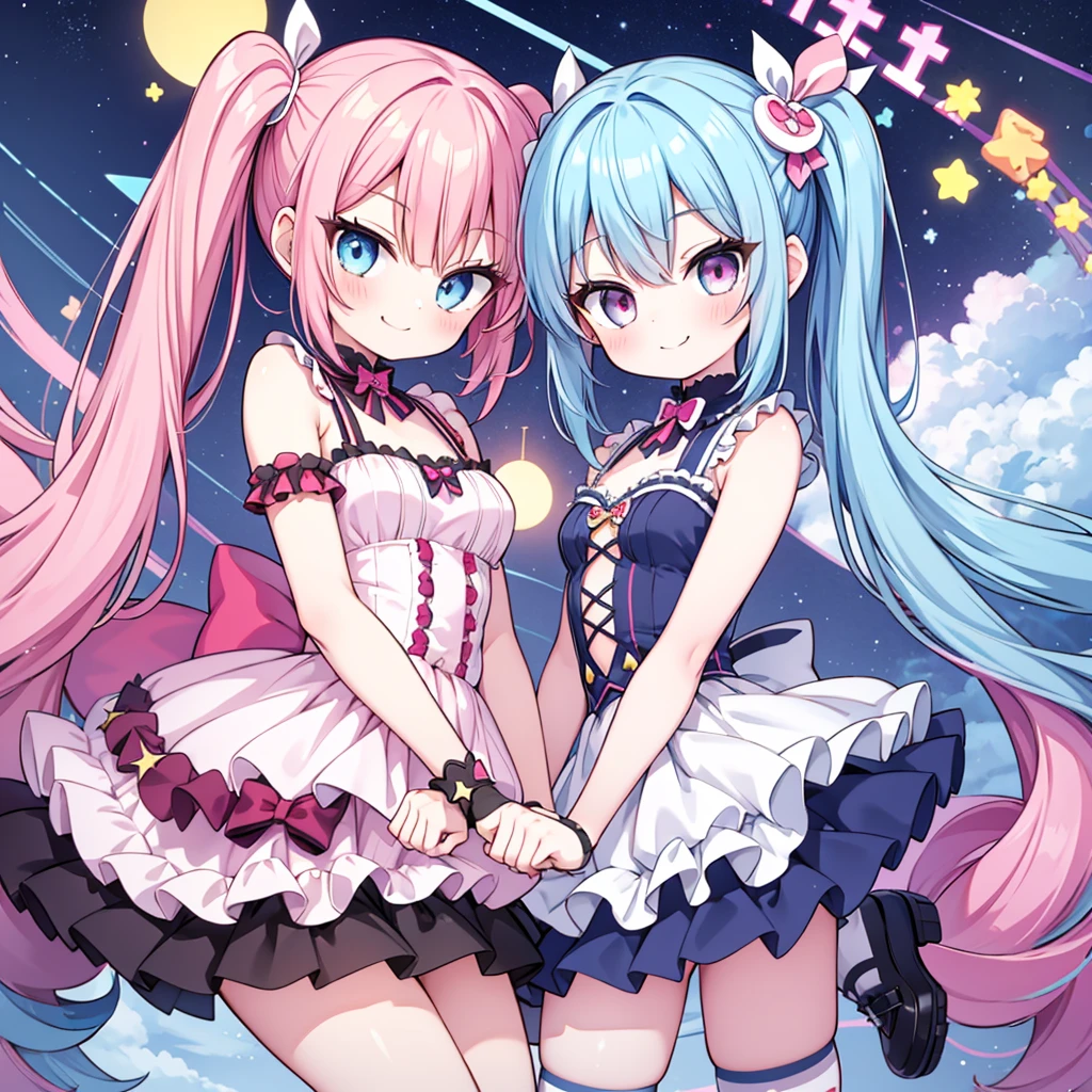 masterpiece, best quality, hyper detailed, 3girl, evil smiling, looking at viewerery,flat chest,blue hair,short twintails,middle hair,sky blue eyes,cute miniskirt,cute striped panty,cute high socks,cute shoes,smirk,pantyshot,
1girl, evil smiling, looking at viewer,flat chest,small breasts,pink hair,twintails,middle hair,pink eyes,with star-shaped eyes,
2girl, evil smiling, looking at viewer,big chest,yellow hair,twintails,middle hair,yellow eyes,with star-shaped eyes,