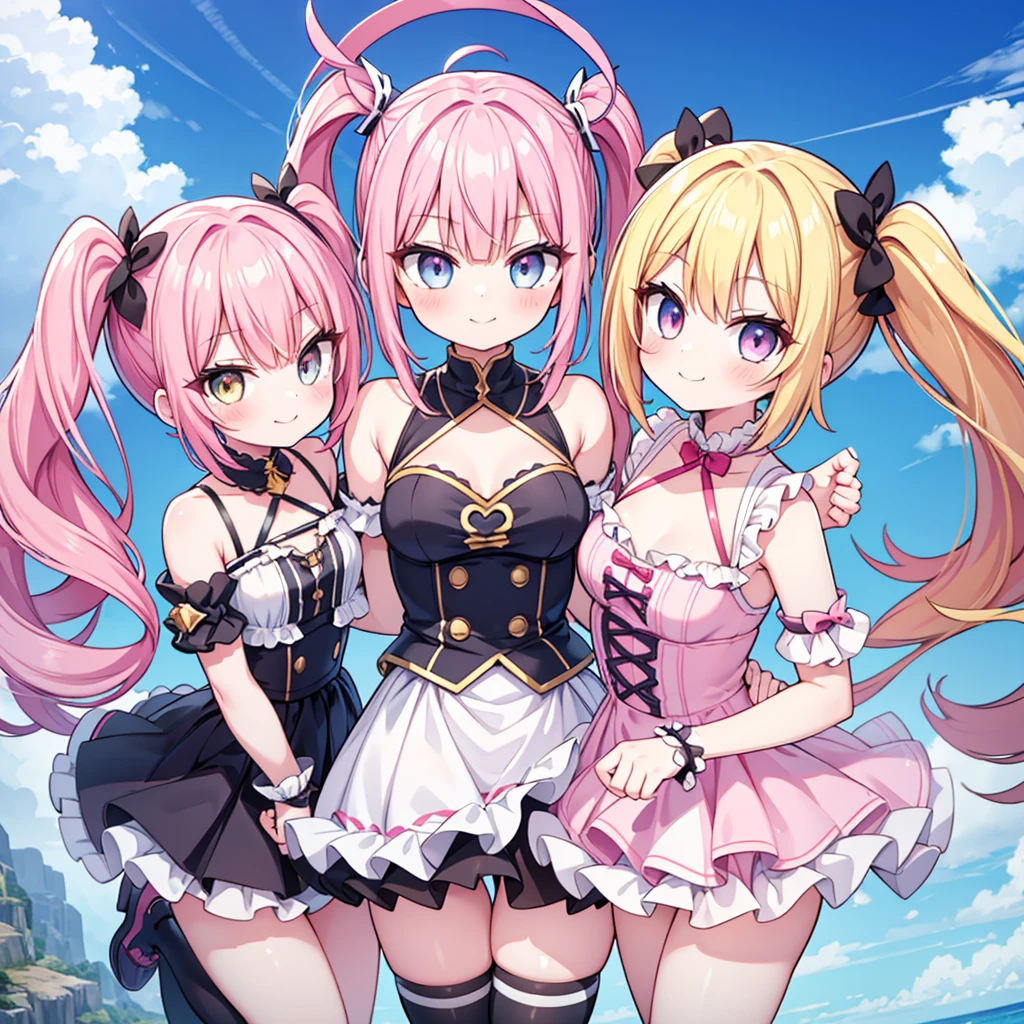 masterpiece, best quality, hyper detailed, 3girl, evil smiling, looking at viewerery,flat chest,blue hair,short twintails,middle hair,sky blue eyes,cute miniskirt,cute striped panty,cute high socks,cute shoes,smirk,pantyshot,
1girl, evil smiling, looking at viewer,flat chest,small breasts,pink hair,twintails,middle hair,pink eyes,with star-shaped eyes,
2girl, evil smiling, looking at viewer,big chest,yellow hair,twintails,middle hair,yellow eyes,with star-shaped eyes,
