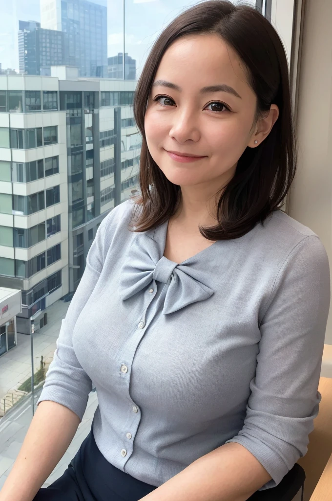 One girl, Mature Woman, Best, bow, photograph, Realistic, Highest quality, employment, Detailed face, office, Building seen from the window, Detailed Background, Diffused sunlight, Depth of written boundary, Bokeh