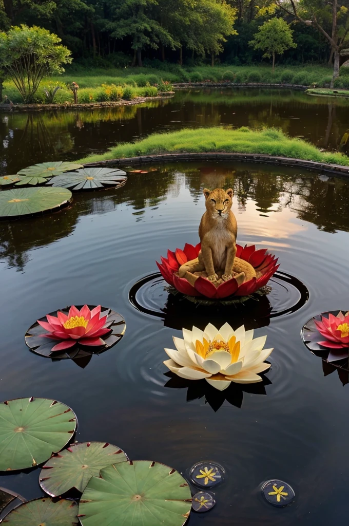 A ring of fire laying on the pond with Lotus in its centre. 
On the top of huge red Lotus there's a lioness sitting with crown of eagle beak and wings