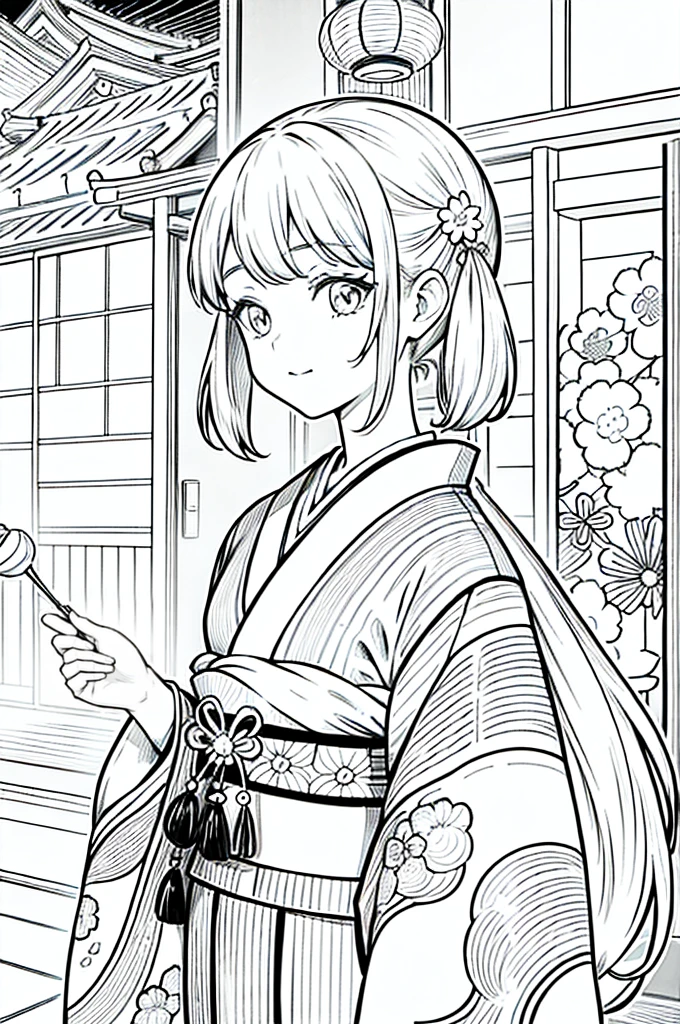 As a coloring book, the color should be black and white, the border should be simple, clear, and bold. [Girl with pigtails] wearing a [kimono with waves pattern] holding a [paper lantern] at the [Gion Matsuri festival] in Kyoto, Japan, with [sakura hair clips]
