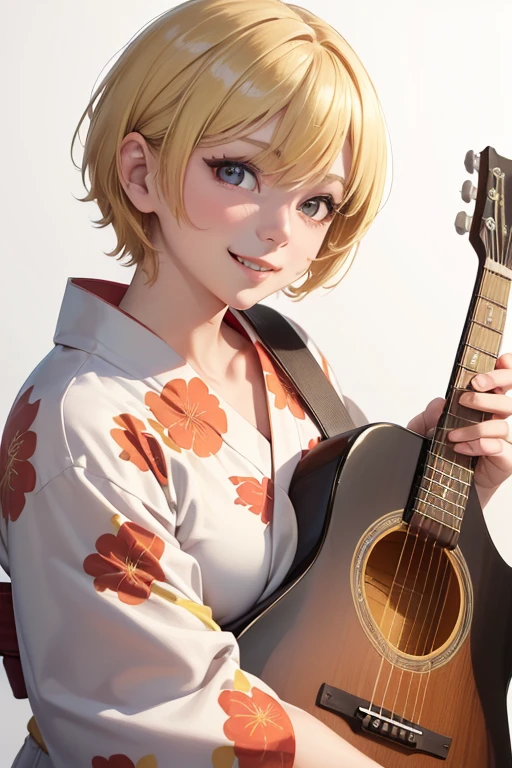 (top quality, 8 k, 32 thousand., masterpiece, nffsw:1.2), (Raw photo), (realistic), (Photorealistic:1.2), (A high resolution), ultra detailed, Incredibly beautiful face and eyes, 1 girl in, round little face,(((short hair)))、 (((short hair)))、big breasts, Thin waist、(((I wear a red yukata)))、(((short hair)))、(((I play folk guitar)))、((mouth open))、((Red and yellow yukata))、(((White wall background)))、(((To play guitar))),  (shot)、(((I'm blonde)))、(((Wearing a yellow and red yukata)))、(((Fashionable hairstyles for blonde hair)))、smile、looks happy、(close-up、top quality、high detail、Rich skin detailing、nffsw)、(Best quality, 8 k, Oil painting, table:1.2), ultra detailed, (realistic, фотоrealistic:1.37), (((FULL BODYSTOT)))、bright colors, (((Playing folk guitar)))、(((чисто White background стены)))、(((20 year old woman)))、(((short hair)))、(((White background))), (((smile)))、(((Girly Hairstyles)))、(((short hair)))、(((In front of a white wall)))、(((smile)))、(((Smiling face)))、(((Bust 85 cm.)))、((white teeth are visible))、(((I&#39;m a lonely woman)))、(((This is a red outfit)))