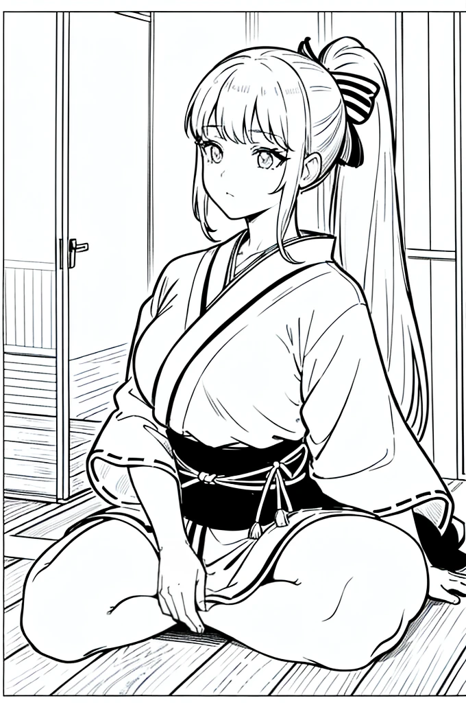 As a coloring book, the color should be black and white, the border should be simple, clear, and bold. [Girl with a ponytail] wearing a [kimono with fox pattern] practicing [kendo] in a [dojo], with [hair ties decorated with fox charms]