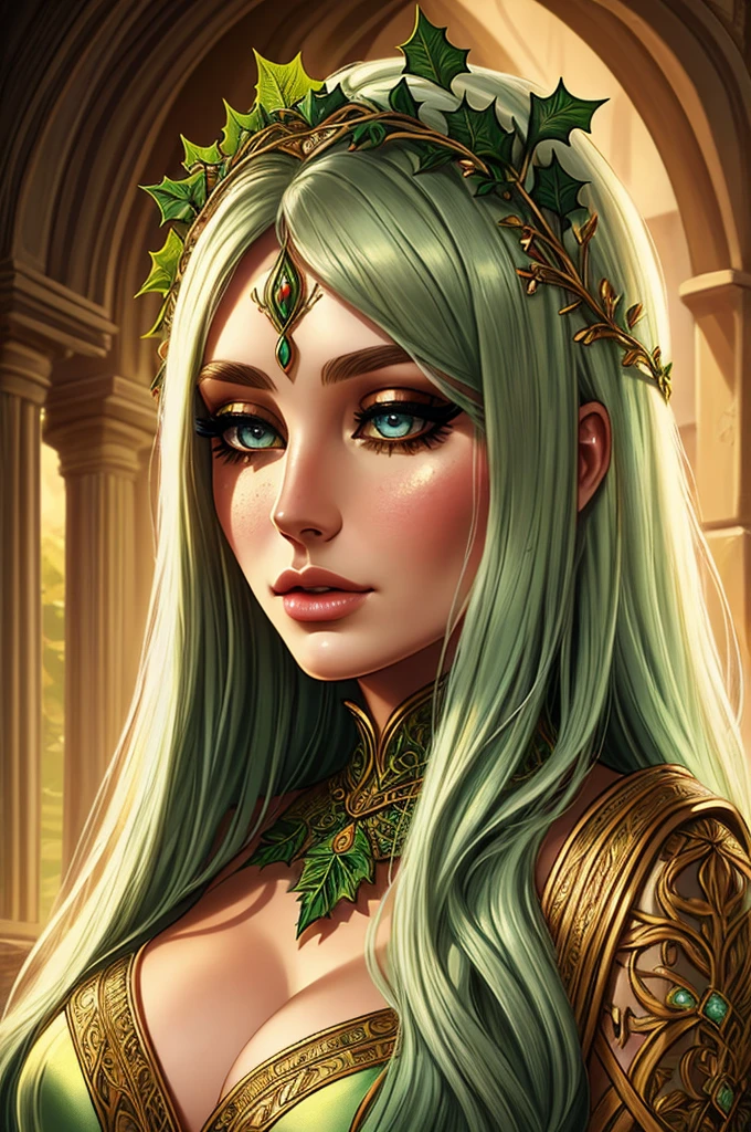 detailed portrait of a druidess with holly and ivy, beautiful detailed eyes, beautiful detailed lips, extremely detailed face, long eyelashes, flowing hair, intricate headdress, natural organic textures, earthy tones, warm lighting, fantasy, mystical, cinematic