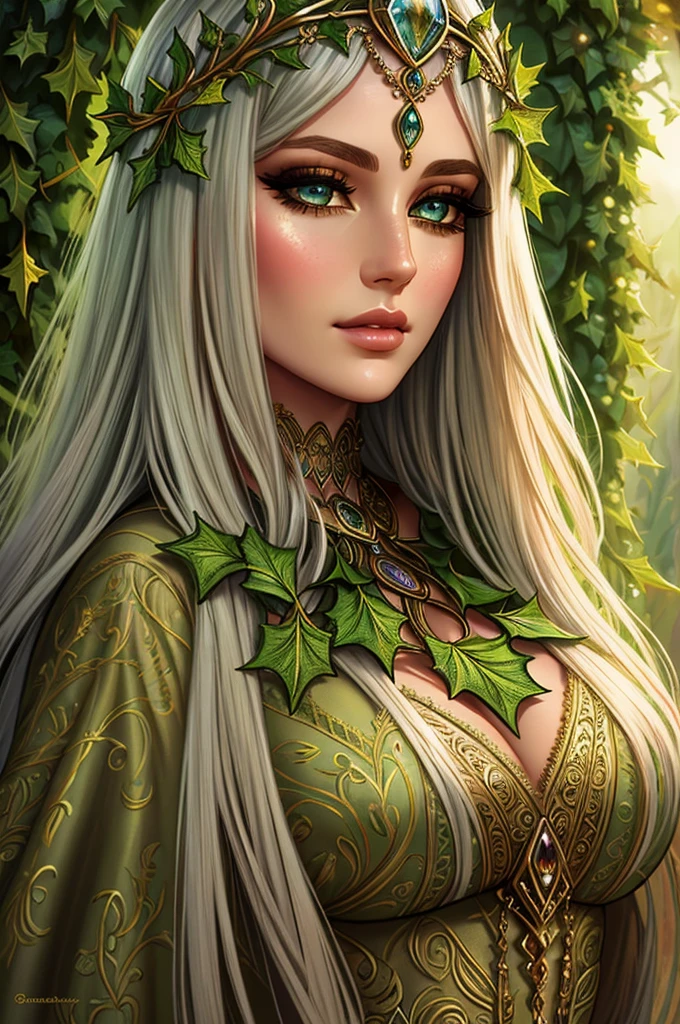 detailed portrait of a druidess with holly and ivy, beautiful detailed eyes, beautiful detailed lips, extremely detailed face, long eyelashes, flowing hair, intricate headdress, natural organic textures, earthy tones, warm lighting, fantasy, mystical, cinematic