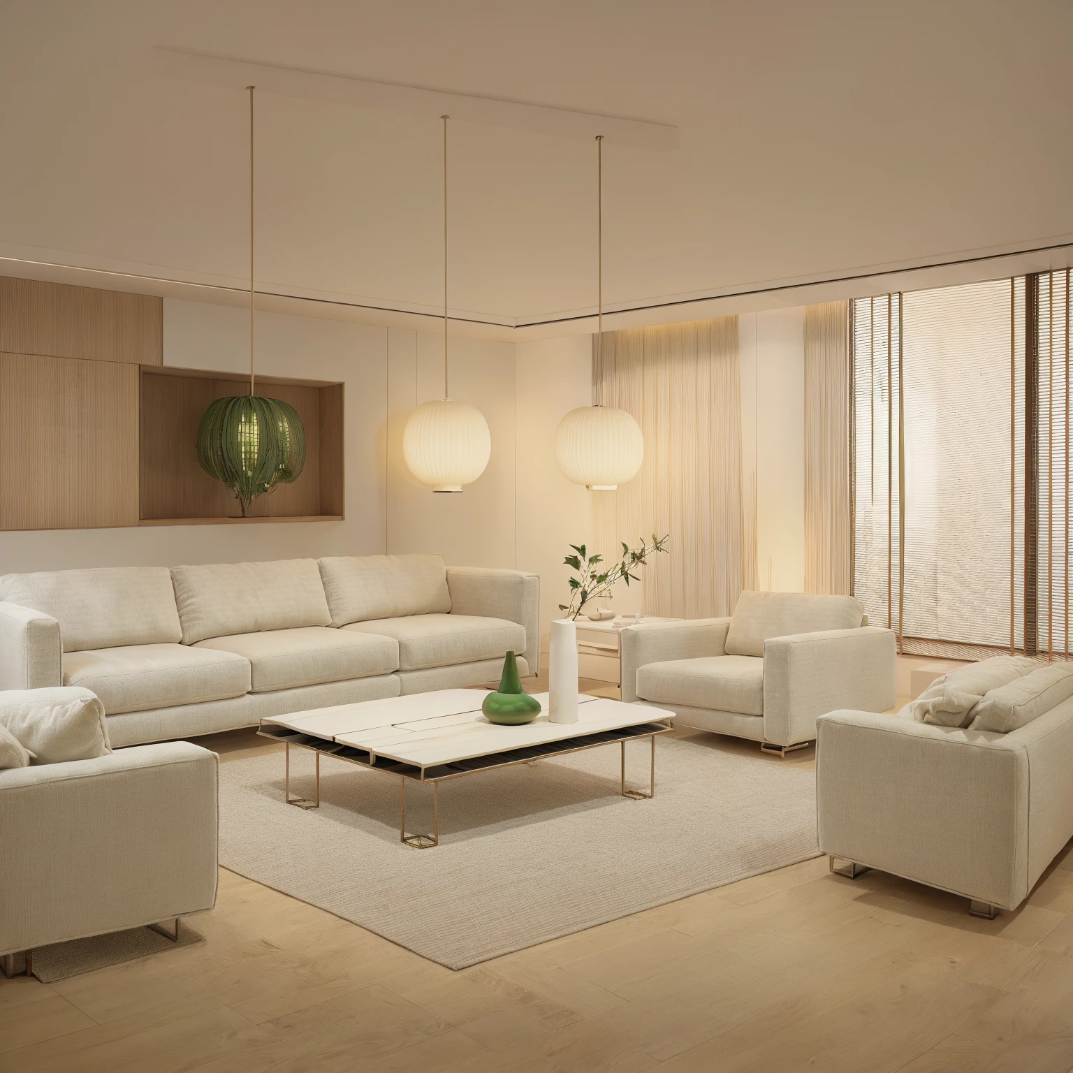 A luxurious living room welcomes you as you step inside, with its spacious and bright floor-to-ceiling glass windows. Through the windows, a lush green courtyard greets your eyes, with flowers and trees swaying gently in the breeze. The entire space is adorned in a palette of light gray and ivory white, with clean lines and unique decorations that are pleasing to the eye. As you walk, your feet sink into the plush carpet, providing a soft and comfortable sensation. Soothing music permeates the air, creating a tranquil ambiance. The velvet cushions on the sofa exude a sense of infinite luxury and taste.