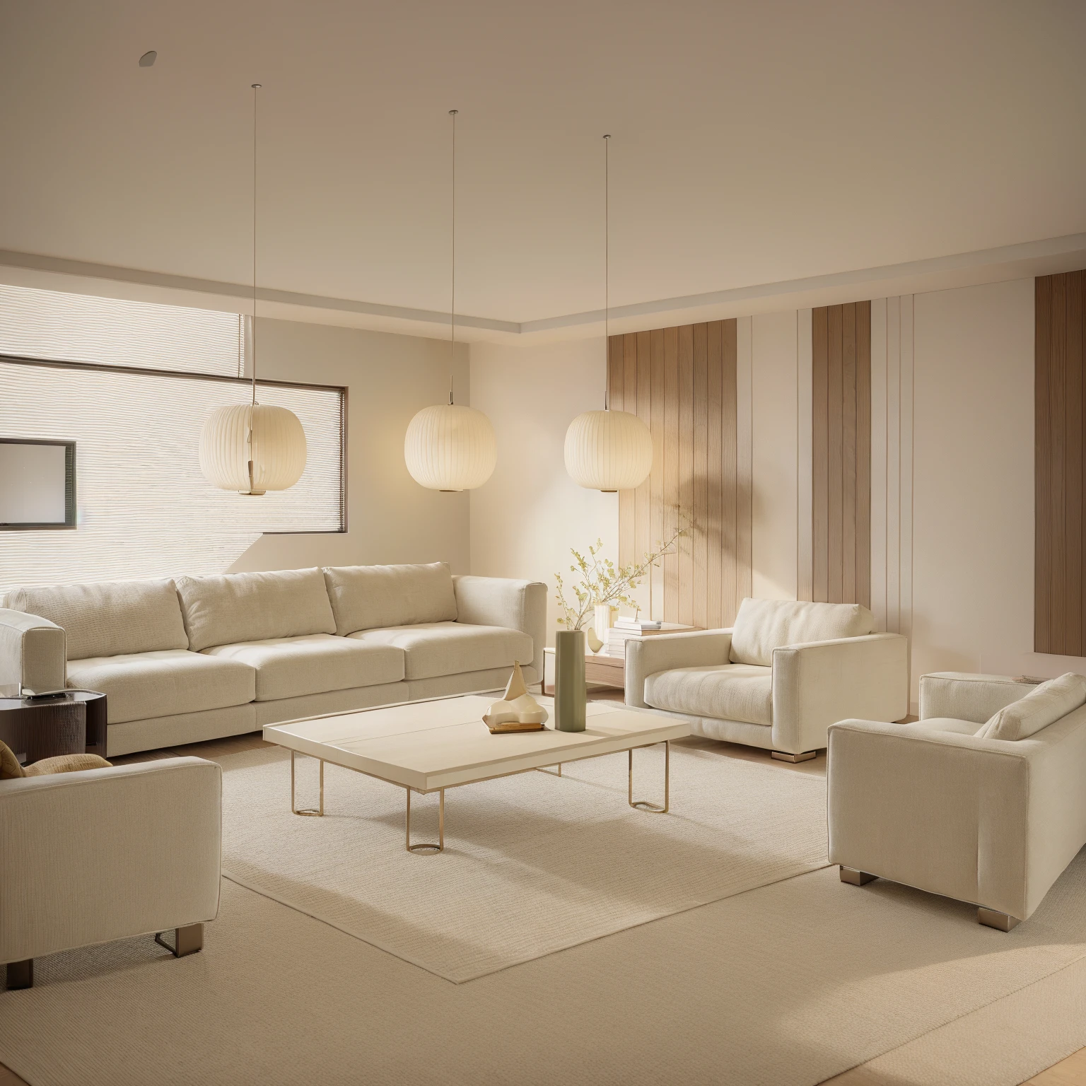 A luxurious living room welcomes you as you step inside, with its spacious and bright floor-to-ceiling glass windows. Through the windows, a lush green courtyard greets your eyes, with flowers and trees swaying gently in the breeze. The entire space is adorned in a palette of light gray and ivory white, with clean lines and unique decorations that are pleasing to the eye. As you walk, your feet sink into the plush carpet, providing a soft and comfortable sensation. Soothing music permeates the air, creating a tranquil ambiance. The velvet cushions on the sofa exude a sense of infinite luxury and taste.