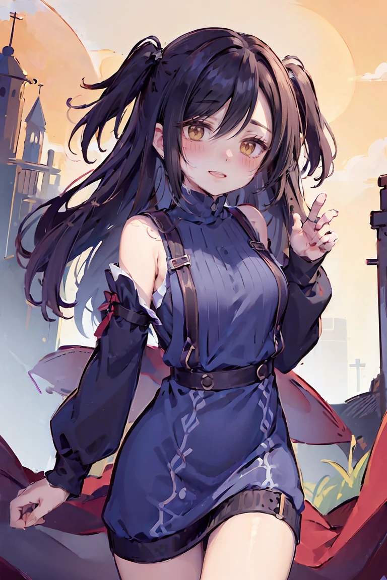 (masterpiece:1.2), (high quality:1.2), (hui xiyi:0.75), rekkyo sensen, rekkyou sensen, girls with((black hair, (tits cleavage:1.15), (waving is hands:1.2), (breasts close up:1.15), (suspenders:1.2), (dress:0.65), (blue clothes:1.55), (belts:0.7), (frills shirt:1.2), (white knit sweater:1.55), camisole, exposed breasts, straps, (cross:1.05), upper body, (long wavy hair:1.35), (one side up:1.55), nun, long sleeves, (both hands:1.15), (perfect hands:1.55), (five fingers:1.55))), background with((fantasy world, ruin, castle, beautiful sky, shining sky, sunshine))