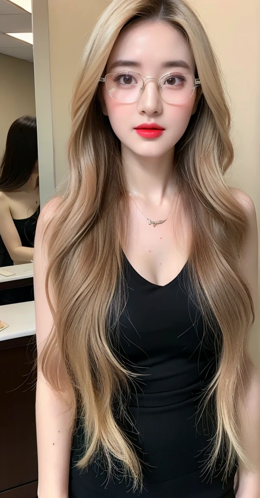 8k, Top image quality、Raw photography、超A high resolution、1 pretty girl, 18-year-old, Korean、Glasses beauty、Colossal tits:1.3、cleavage of the breast:1.3 、(transparent)、open shirt show   , ((naked)), (detailed  clothing), (detailed ), fair white skin、shiny white skin、(wavy blonde hair)、dark brown hair、dark brown hair、Beautiful eyes with random colors、very thin lips, finely detail、elongated eyes、pale pink blush、long eyeslashes、Beautiful double eyelids、eyeshadows、耳Nipple Ring、Company Office、Lighting that emphasizes beautiful skin、Lustrous skin