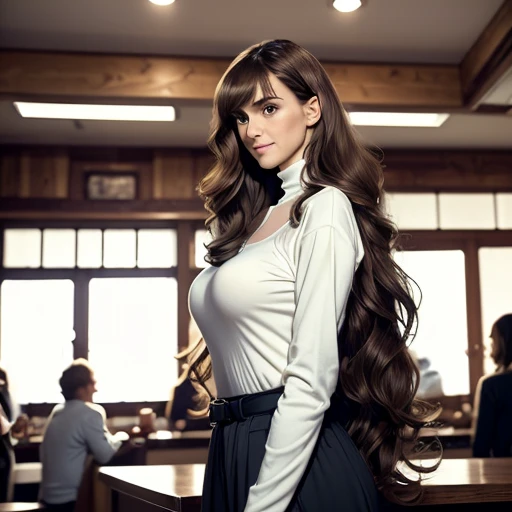 (24mm wide angle lens:1.5), (full shot:1.5), (eye level view:1.25), (side view). candid smile, casual laugh, soft lighting, backlit, younger, extremely tall teenage (Sandra Bullock:Natalie Portman:0.5), leaning against bar, aged 18, cute, joy, looking away, sfw, (very tall teenager:1.5), (taller than other people:1.5), (6foot7 tall:1.5), (very long torso:1.5), (very long neck:1.5), (skinny), (arafed), (slim), coffee shop, trendy, latte, many customers, busy, barista, crowd of diverse people, many different people, hidden symmetric breasts, (tucked-in thick plain loose flowing light-colored long-sleeve turtleneck shirt), (plain very long flowing loose baggy tan cotton slacks), belt, pants, dressy platform shoes, stockings, detailed beautiful bright symmetric eyes, auburn hair, (big huge enormous massive colossal gigantic sagging breasts:1.25), (topheavy:1.25), (big flowing extremely long wavy hair:1.4), bangs