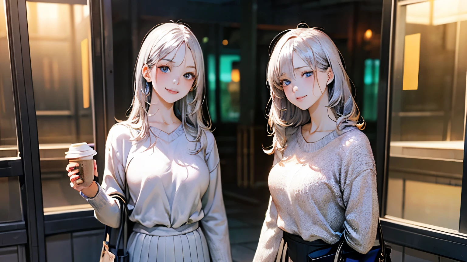 (masterpiece:1.2, Highest quality), (Realistic, photoRealistic:1.4), Beautiful illustrations, (Natural Side Lighting, Cinema Lighting), , 
View your viewers, (Face Focus, Upper Body), Cowboy Shot, 1 Girl, Japanese, high school girl, Perfect Face, Baby Face, (Perfect ???????:1.4), Cute and symmetrical face, White skin, Shiny skin, 
(Long Hair:1.2, Straight hair:1.2, Silver Hair), bangs, blue eyes, Big eyes, Long eyelashes, (Large Breasts), thin, 
Beautiful Hair, Beautiful Face, Beautiful attention to detail, Beautiful clavicle, Beautiful body, Beautiful breasts, Beautiful thighs, Beautiful feet, Beautiful Hands, 
(Detailed cloth texture, (pastel colour), Pearl white sweater, Rose grey long skirt, Black shoulder bag), 
(Beautiful views), winter, evening, (aquarium), walking, (Cute smile, Upward glance), Female,Have a coffee