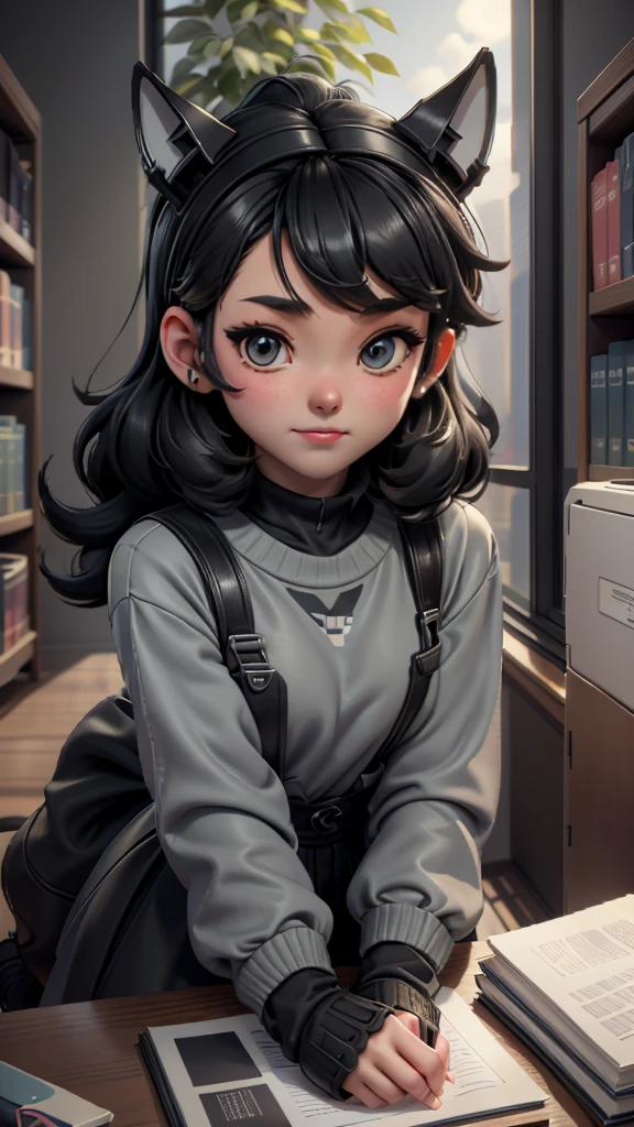 cute girl, black and gray chibi Siphonaptera, bright eyes with cute anime style expressions, looking out the window ("MSX" written on the head), retro style clothing with pixel art motifs, happy, playful, in a library, writing