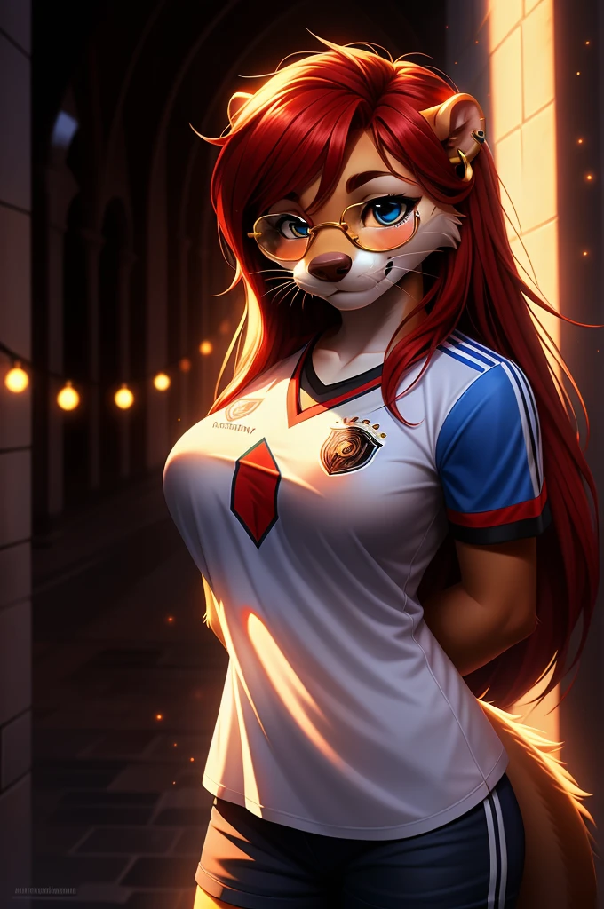 (hands behind back), otter, female, white fur, ((Female Otter long hair)), ((red hair)), super cute face, blue aviator glasses, ear piercing, big breast, detail elements on fur, UEFA European Championship Germany Shirt, ((Germany Shirt)), (Shirt Color; Black; Red; Gold;) beautiful lights and shadows, ambient light, super fine fur, volumetric light,