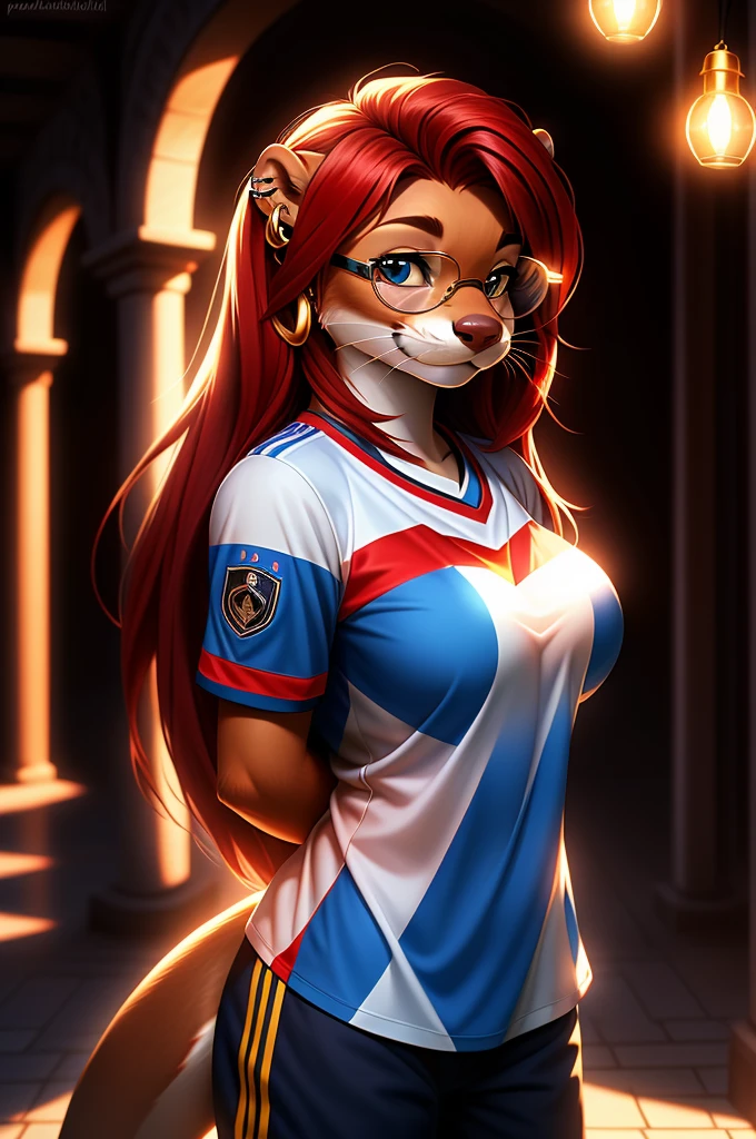 (hands behind back), otter, female, white fur, ((Female Otter long hair)), ((red hair)), super cute face, blue aviator glasses, ear piercing, big breast, detail elements on fur, UEFA European Championship Germany Shirt, ((Germany Shirt)), (Shirt Color; Black; Red; Gold;) beautiful lights and shadows, ambient light, super fine fur, volumetric light,