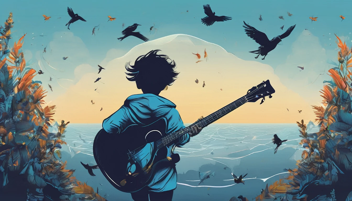Create a professional, fantastic, cinematic Youtube Banner for a brand about music and stories called " Penamemoria". Masterpiece, 4k, sharp focus, highest quality,wide shot. The title is " Penamemoria". Is a brand about the creative, unique journey of a boy into becoming a musician storyteller. In his journey he finds inspiration in a world of birds and feathers. Minimalistic, simple, poetic, dreamy logotype at the center of the image. The Background image is a world full of fantastic feathers, unique birds, light blue sky, and a boy running happily into the horizon with an acoustic guitar in his right hand. Boy running against the wind, almost simulating like he is flying