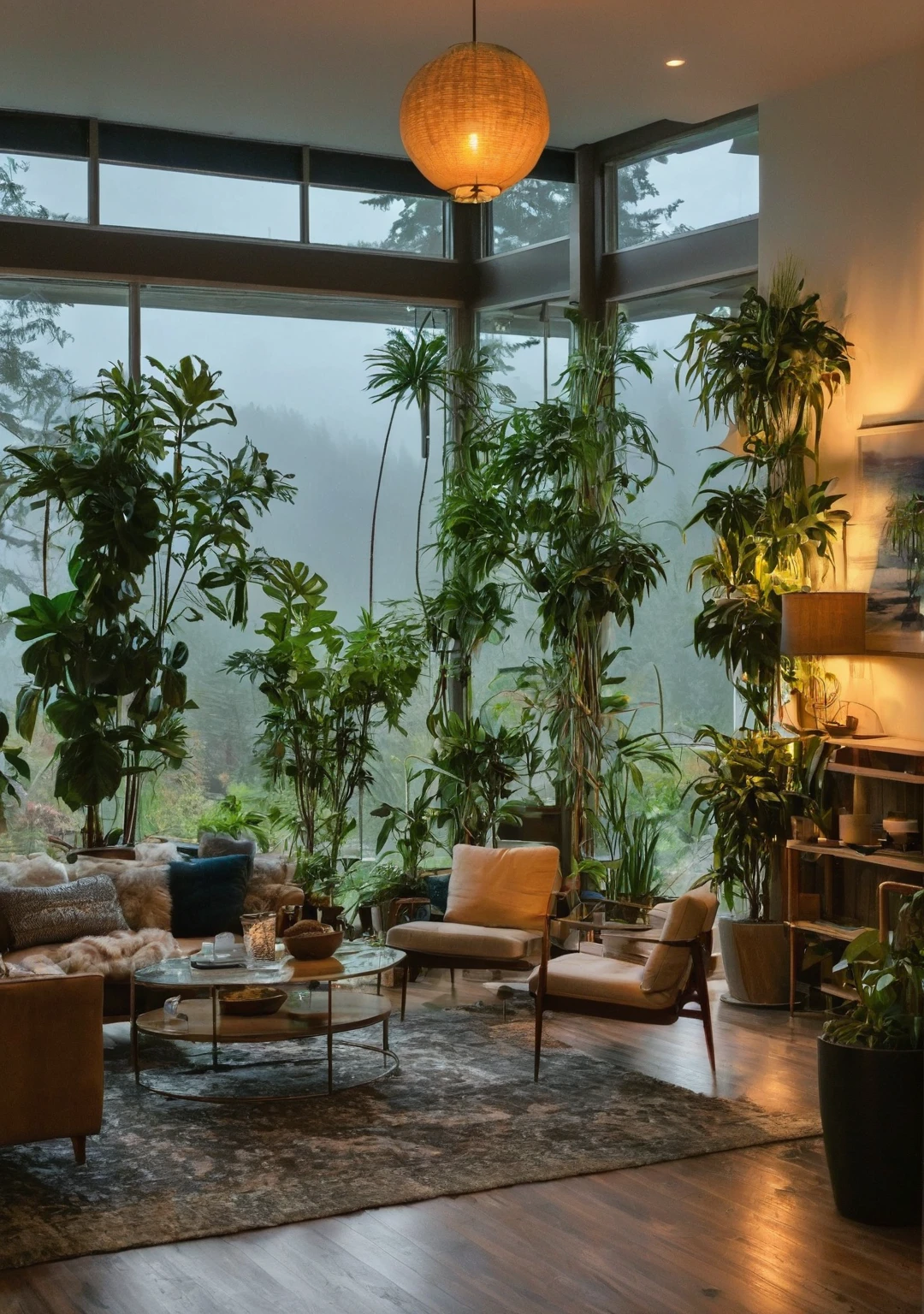 ((mid century modern living room)), dimly lit, (foggy rainy evening:1.2), pacific northwest, (dim lighting:1.2), (moody lighting:1.3), plants, large plants, many plants, (foggy windows:1.2), masterpiece, best quality, twilight hour, blue hour