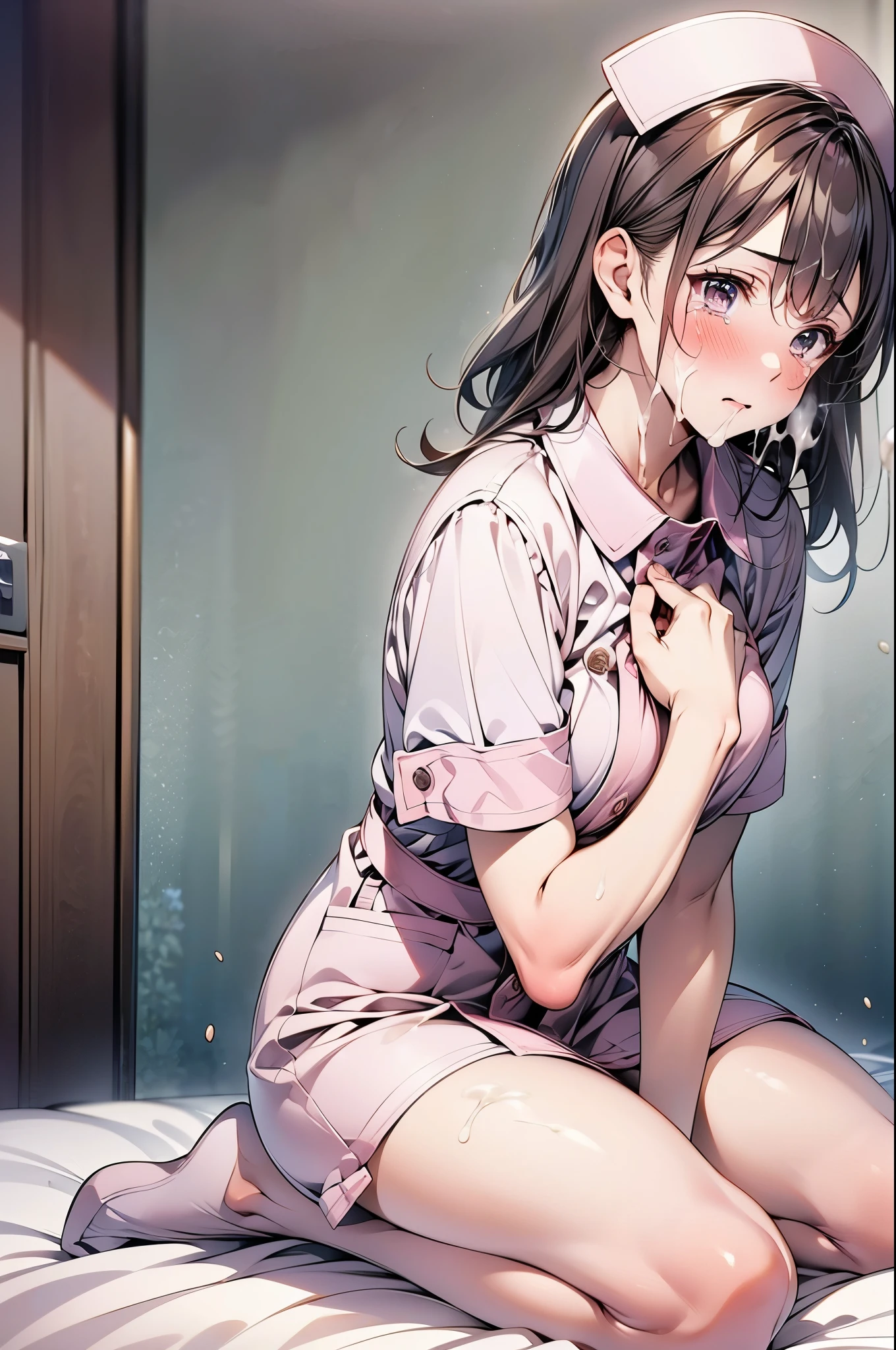 (1 person、alone), Beautiful adult woman, Anatomically perfect body, Slender、(nurse、nurse), (white nurse uniform, one peace, Japanese style nurse, nurseサンダル:1.1)、22 years old、(Highest quality)、Black Hair, (Half Up)、(8K, High resolution)、(shy:1.4)、medium breast, (steam:1.1), (embarrassed:1.3), Sit on the bed、(wariza), (Look down:1.2), (bukkake, cum on face:1.7)、(Sad face, tears), wide shot