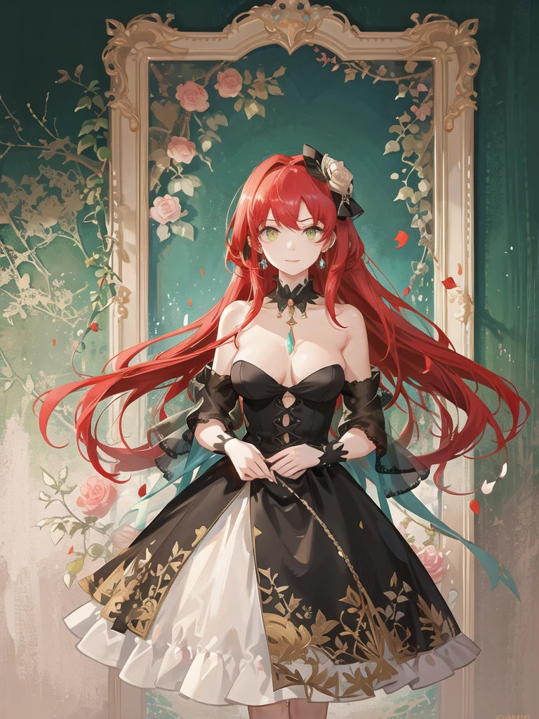 girl,beautiful,red hair,green eye,princess dress,black,The atmosphere has roses.,sponge,marble,gold glitter,Two colored diamond dust,creeper,blue rose,fit,The chest is not large.,white skin