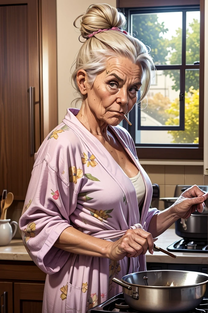 A whimsical realistic grumpy elder man with wrinkles with her hair in a ...