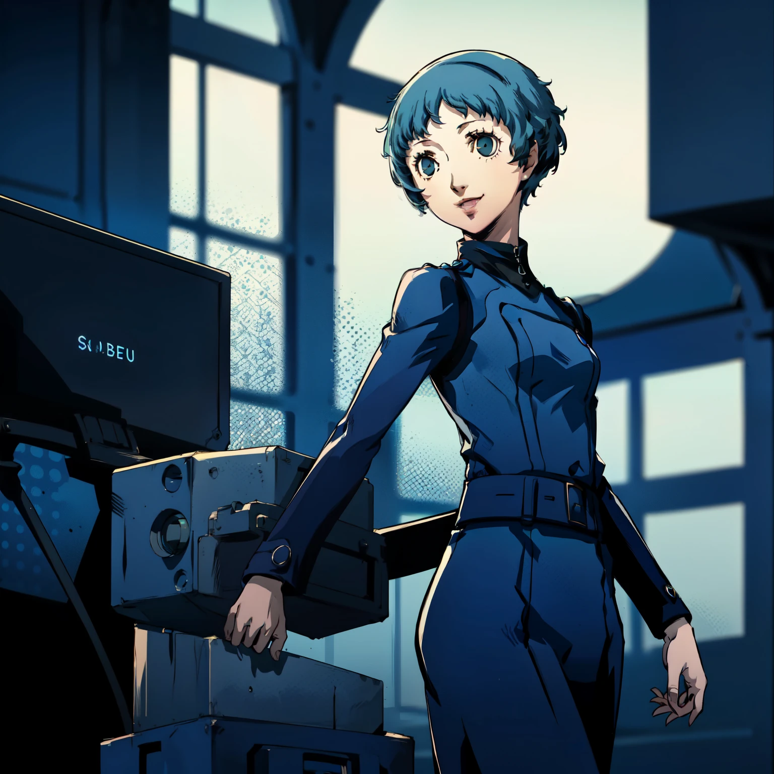 ((P3 Yamagishi Fuuka)),masterpiece, ((best quality)),((1 girl)), blue eyes, light aqua hair, female , tomboy Pixie haircut, deep blue suit,smiling,hacker,in the,dark room,standing,looking monitor,long skirt,cute