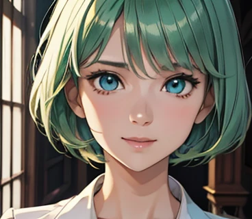 Photo from chest up,upper body up,in business,business woman,intellectual,smile,short hair,Emerald hair,short hair,green hair,white jacket,laughter,30 years,drooling eyes, alone,know,Flow of hair that extends to the face,bangs between eyeliner hair,High resolution, Bright and clear, Big light blue eyes shine charmingly,green one piece,eyeliner,Shining white skin,(Ultra Real), (figure), (High resolution), (In 8K), (very detailed), (Best figure), (Beautiful quality with attention to detail), (super detailed), (wallpaper), (detailed face), ultra realistic 3d illustration, ultra realistic picture, hyper - realistic render, hyper-realistic render, realistic render ,(Ultra Real), (figure), (High resolution), (In 8K), (very detailed), (Best figure), (Beautiful quality with attention to detail), (super detailed), (wallpaper), (detailed face)