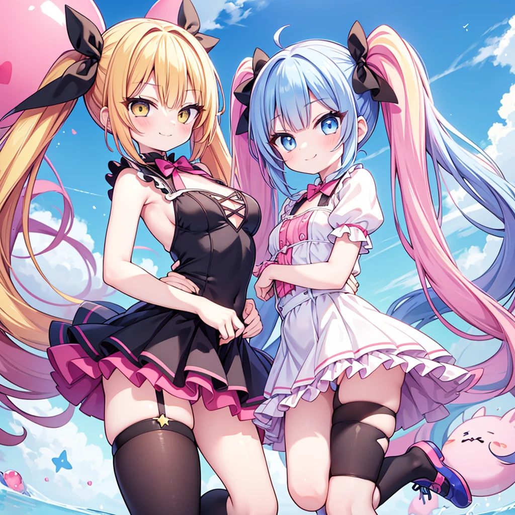 masterpiece, best quality, hyper detailed, 3girl, evil smiling, looking at viewerery,flat chest,blue hair,short twintails,middle hair,sky blue eyes,cute miniskirt,cute striped panty,cute high socks,cute shoes,smirk,pantyshot,
1girl, evil smiling, looking at viewer,flat chest,small breasts,pink hair,twintails,middle hair,pink eyes,with star-shaped eyes,
2girl, evil smiling, looking at viewer,big chest,yellow hair,twintails,middle hair,yellow eyes,with star-shaped eyes,