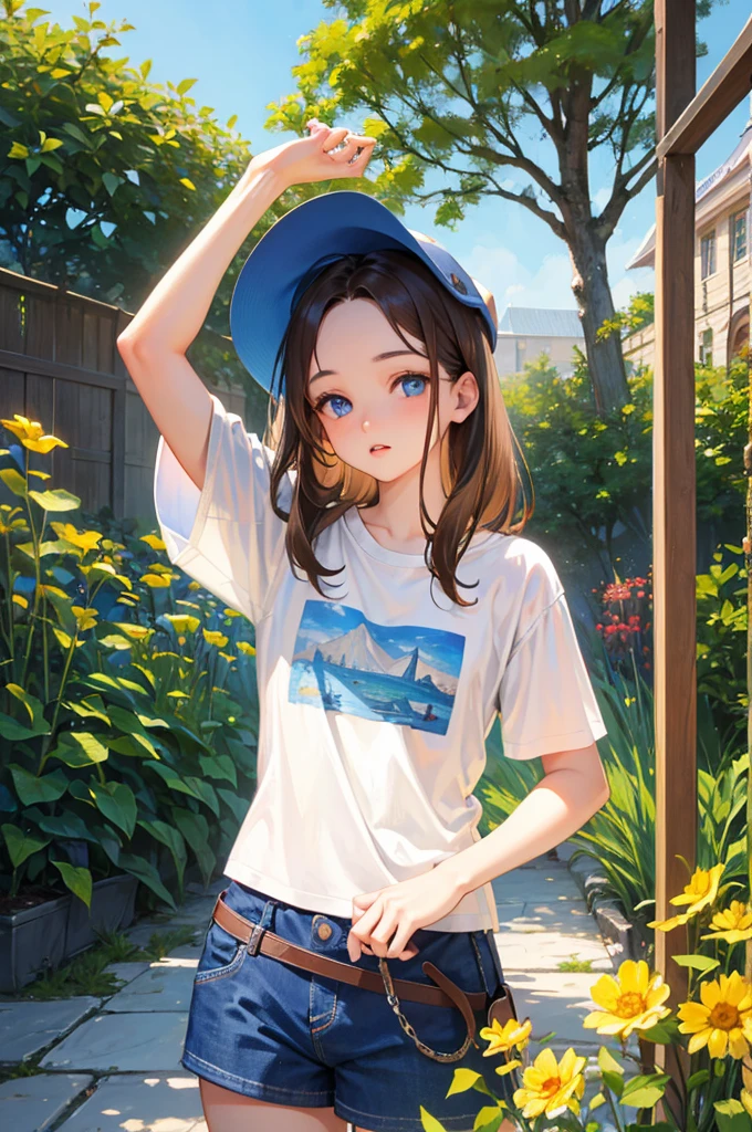 1 girl, short hair big waves, brown hair, brown eyes, white clothes, denim shorts, perfect body, deep view, pastoral background, flowers, close-up, large aperture, blurred background, smile healing, very healing, very beautiful girl, beautiful beauty that people can't forget when they see it, perfect picture quality, big eyes cute girl