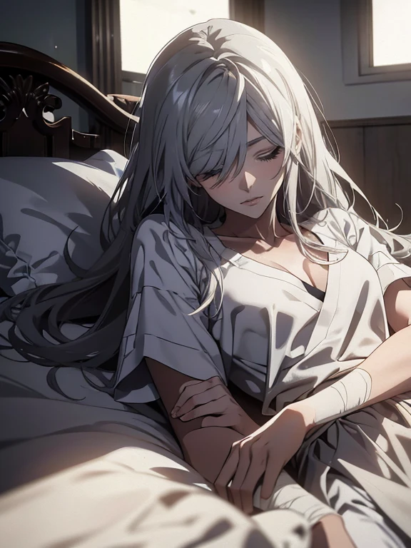 1 female, Silver Hair,Long Hair,Pushed down, Half closed eyes, Lying in bed,On your back, wearing a hospital gown, Ward Background, window, evening, Highest quality, Great quality, so beautiful, Absurd Ray Tracing, Dramatic Shadows,Right arm bandaged,thin,Lean,injury,