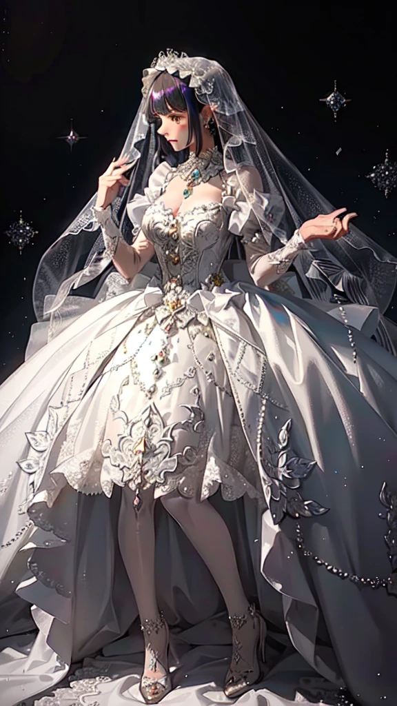 Extreme detailing, ta, loliashion, frills, intricate and gorgeous, gloves, afternoon tea, ponet, curls, macarons, cream, colorful, gradient pick dye, candy, shiny, shiny, light particles, dynamic poses, dramatic compositions, candy hair accessories, colorful skirts, pearls, flowers, embroidery, gem-encrusted, flat chest, gauze dress with broken diamonds, flying, jumping, veil, transparent blouse, lace gloves, delicate depiction of face, full body, full body, Opal-like eyes, white-toned skirts, colorful whites, lasers, crystal-like skirts, diamond-like hair, wedding dresses