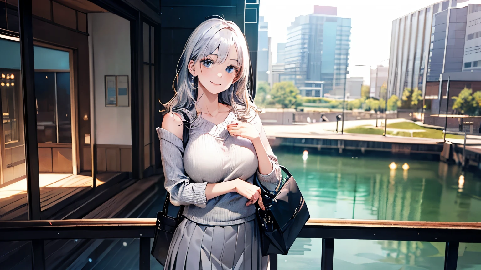 (masterpiece:1.2, Highest quality), (Realistic, photoRealistic:1.4), Beautiful illustrations, (Natural Side Lighting, Cinema Lighting), ,
View your viewers, (Face Focus, Upper Body), Cowboy Shot, 1 Girl, Japanese, high school girl, Perfect Face, Baby Face, (Perfect Anatomy:1.4), Cute and symmetrical face, White skin, Shiny skin,
(Long Hair:1.2, Straight hair:1.2, Silver Hair), bangs, blue eyes, Big eyes, Long eyelashes, (Large Breasts), thin,
Beautiful Hair, Beautiful Face, Beautiful attention to detail, Beautiful clavicle, Beautiful body, Beautiful breasts, Beautiful thighs, Beautiful feet, Beautiful Hands,
(Detailed cloth texture, (pastel colour), Pearl white sweater, Rose grey long skirt, Black shoulder bag),
(Beautiful views), winter, evening, (aquarium), walking, (Cute smile, Upward glance), Female,Have a coffee