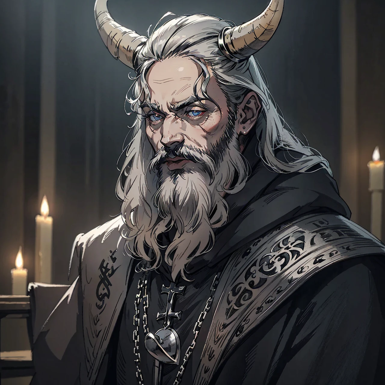 Priest catholique dark face scretch satanique, transparent eyes rolled back, semi-long hair, beard, dress that covers hair, eat a bloody heart , looking to the left side, corne de bouc longue et enroulée, sketch noir et blanc